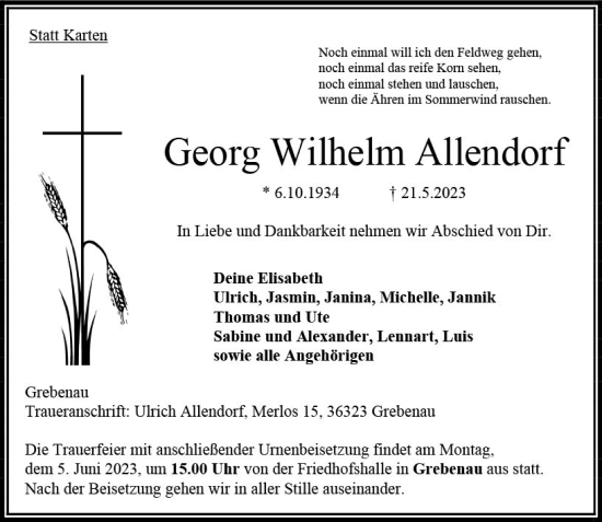 Traueranzeige von Georg Wilhelm Allendorf von VRM Trauer