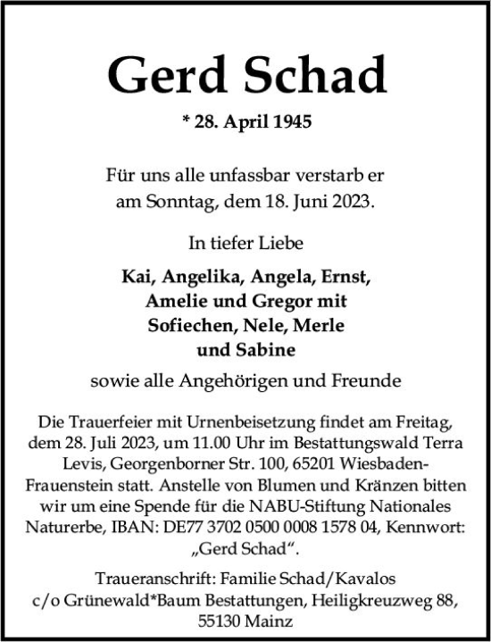 Traueranzeige von Gerd Schad von Allgemeine Zeitung Mainz