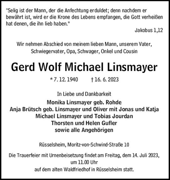 Traueranzeige von Gerd Wolf Michael Linsmayer von Rüsselsheimer Echo