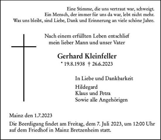 Traueranzeige von Gerhard Kleinfeller von Allgemeine Zeitung Mainz
