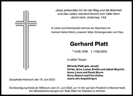 Traueranzeige von Gerhard Platt von Hinterländer Anzeiger