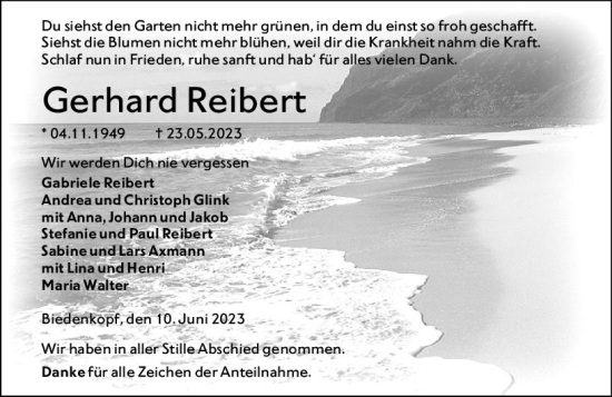Traueranzeige von Gerhard Reibert von Hinterländer Anzeiger
