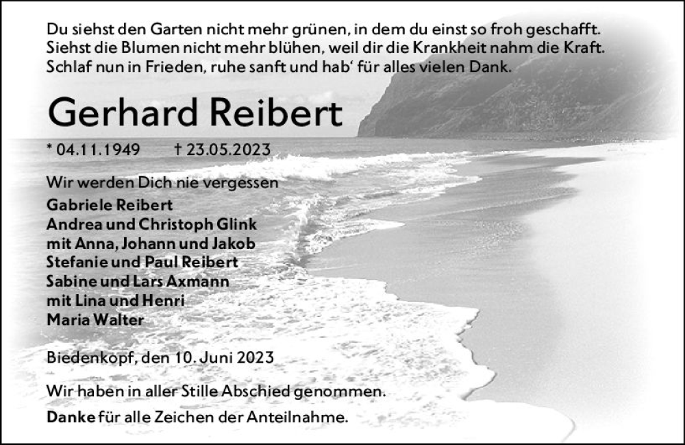  Traueranzeige für Gerhard Reibert vom 10.06.2023 aus Hinterländer Anzeiger