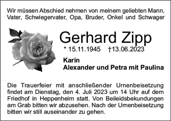 Traueranzeige von Gerhard Zipp von Starkenburger Echo