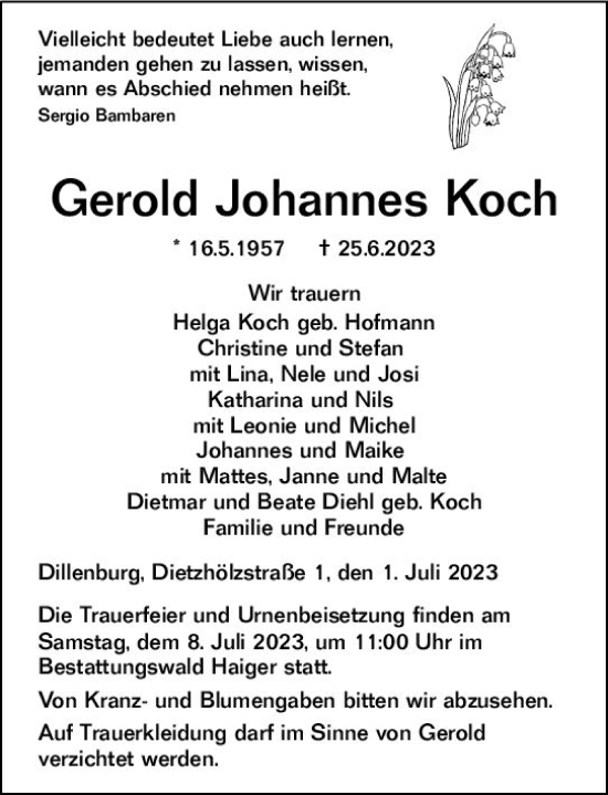 Traueranzeige von Gerold Johannes Koch von Dill Block