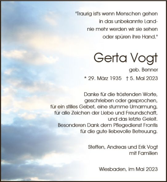 Traueranzeige von Gerta Vogt von Wiesbadener Kurier