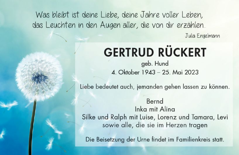  Traueranzeige für Gertrud Rückert vom 03.06.2023 aus Darmstädter Echo