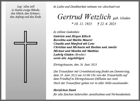 Traueranzeige von Gertrud Wetzlich von Wetzlarer Neue Zeitung