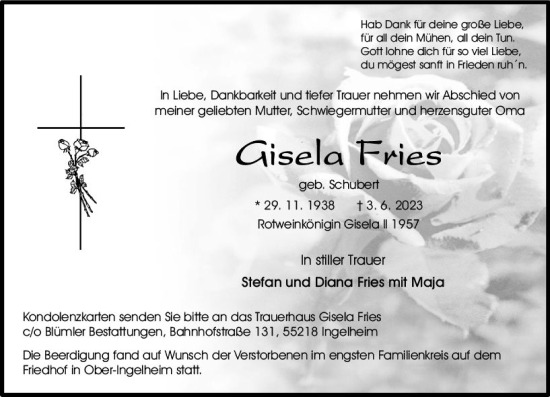 Traueranzeige von Gisela Fries von Allgemeine Zeitung Bingen/Ingelheim