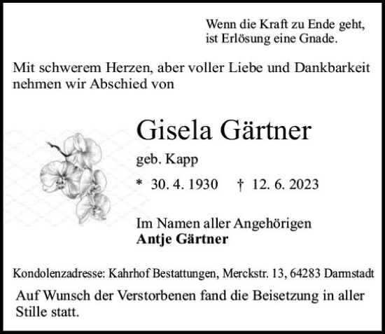 Traueranzeige von Gisela Gärtner von Darmstädter Echo