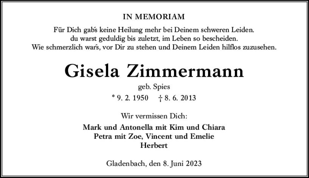  Traueranzeige für Gisela Zimmermann vom 09.06.2023 aus Hinterländer Anzeiger