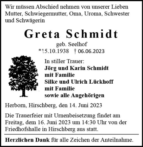 Traueranzeige von Greta Schmidt von Dill Block