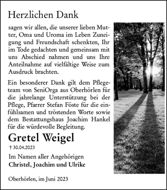 Traueranzeige von Gretel Weigel von Hinterländer Anzeiger