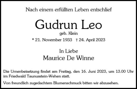 Traueranzeige von Gudrun Leo von Idsteiner Land/Untertaunus