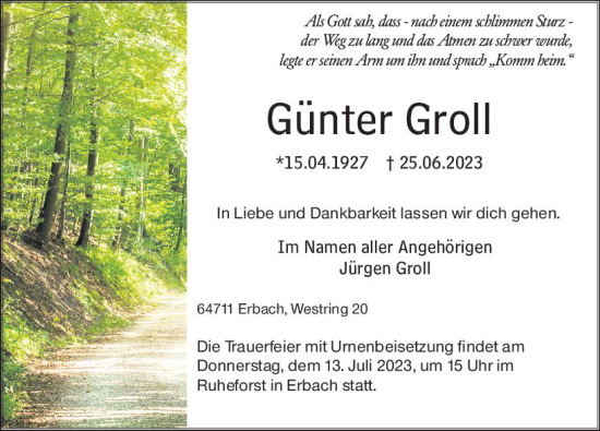Traueranzeige von Günter Groll von Odenwälder Echo