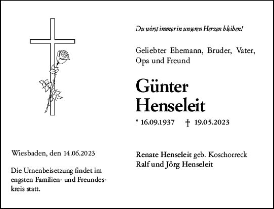 Traueranzeige von Günter Henseleit von Wiesbadener Kurier