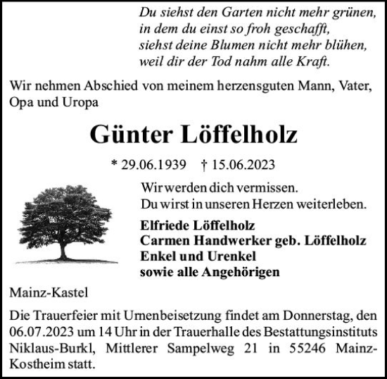 Traueranzeige von Günter Löffelholz von Allgemeine Zeitung Mainz