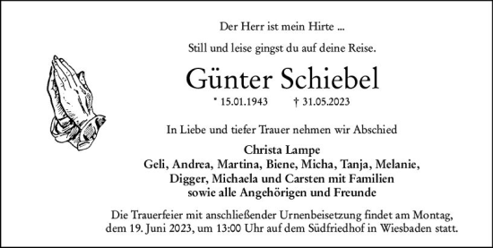 Traueranzeige von Günter Schiebel von Wiesbadener Kurier