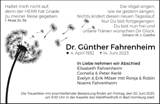 Traueranzeige von Günther Fahrenheim von Darmstädter Echo