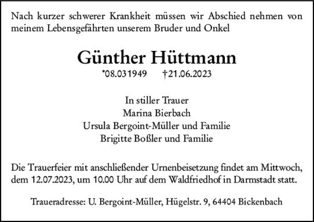  Traueranzeige für Günther Hüttmann vom 01.07.2023 aus Darmstädter Echo