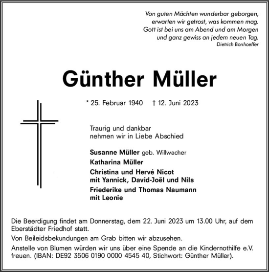 Traueranzeige von Günther Müller von Darmstädter Echo