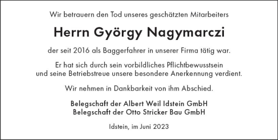 Traueranzeige von György Nagymarczi von Nassauische Neue Presse