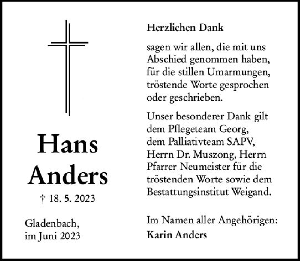 Traueranzeige für Hans Anders vom 17.06.2023 aus Hinterländer Anzeiger