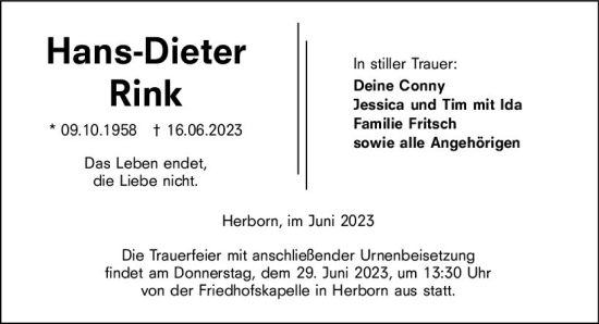 Traueranzeige von Hans-Dieter Rink von Dill Block