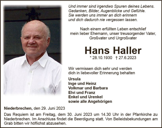 Traueranzeige von Hans Haller von Nassauische Neue Presse