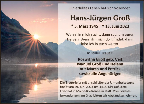 Traueranzeige von Hans-Jürgen Groß von Allgemeine Zeitung Mainz