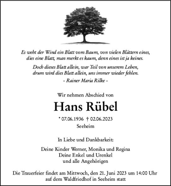 Traueranzeige von Hans Rübel von Darmstädter Echo