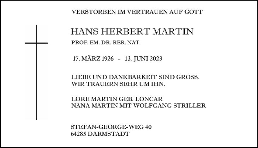  Traueranzeige für Hans Herbert Martin vom 24.06.2023 aus Darmstädter Echo