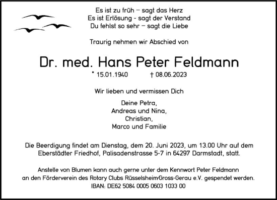 Traueranzeige von Hans Peter Feldmann von Darmstädter Echo