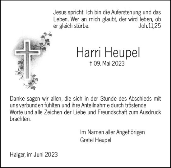 Traueranzeige von Harri Heupel von Dill Block
