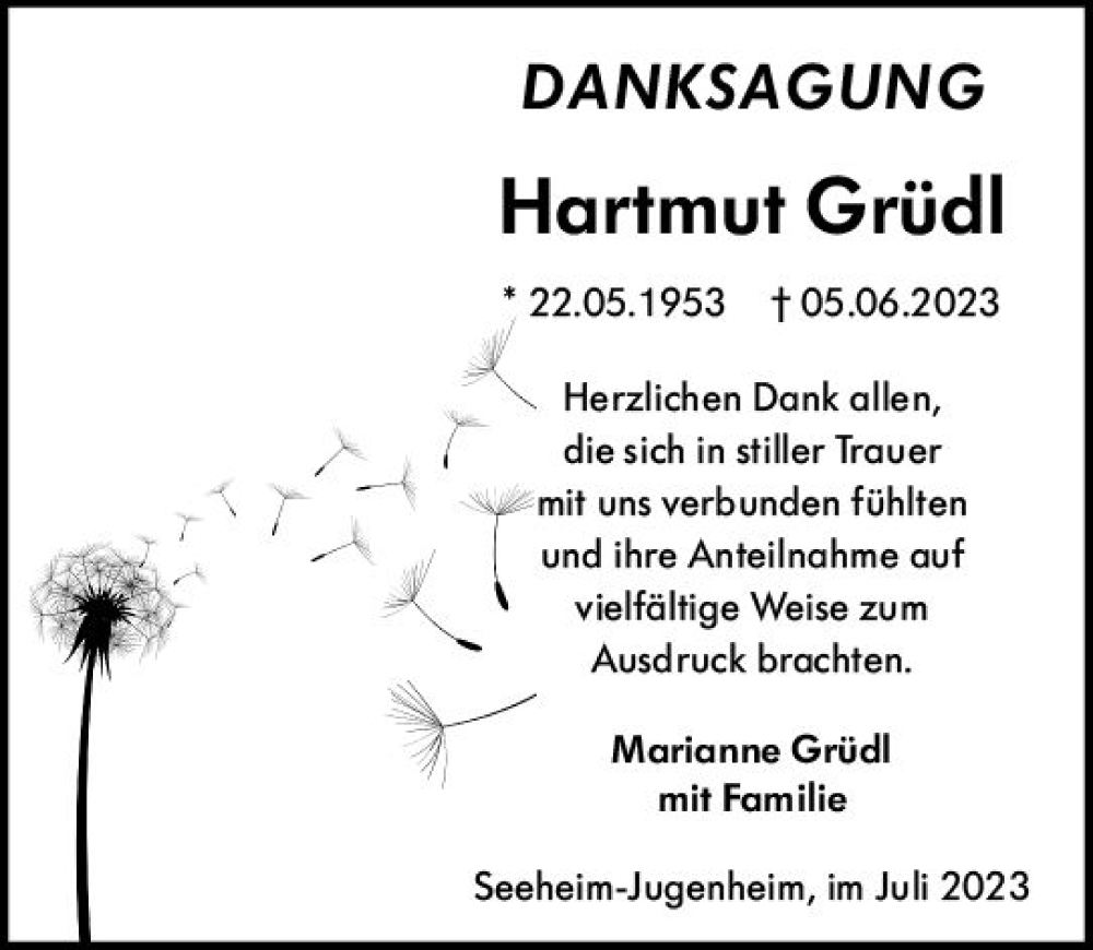  Traueranzeige für Hartmut Grüdl vom 01.07.2023 aus Darmstädter Echo