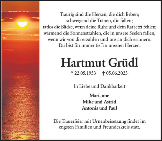Traueranzeige von Hartmut Grüdl von Darmstädter Echo