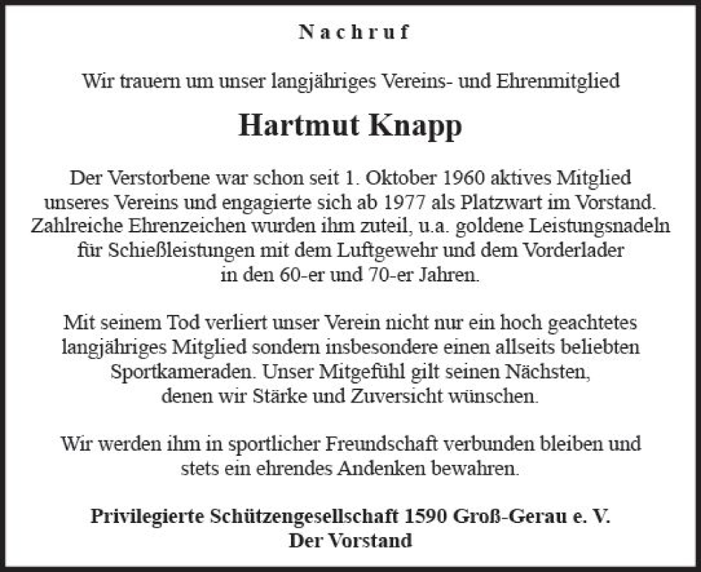  Traueranzeige für Hartmut Knapp vom 17.06.2023 aus Groß-Gerauer Echo