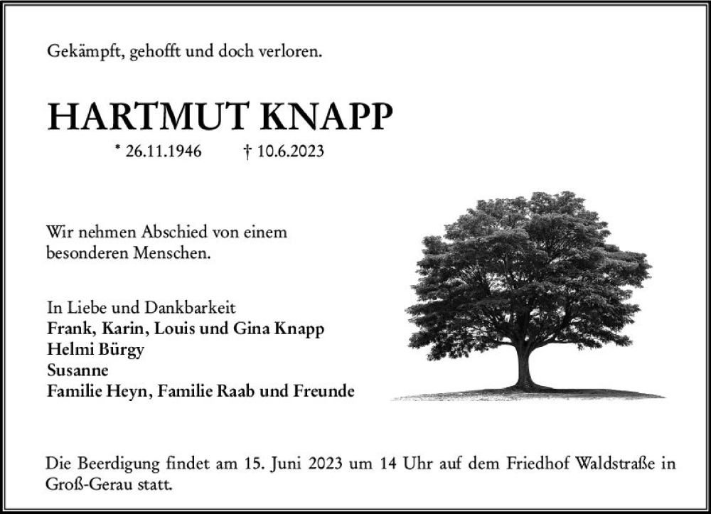  Traueranzeige für Hartmut Knapp vom 14.06.2023 aus Groß-Gerauer Echo