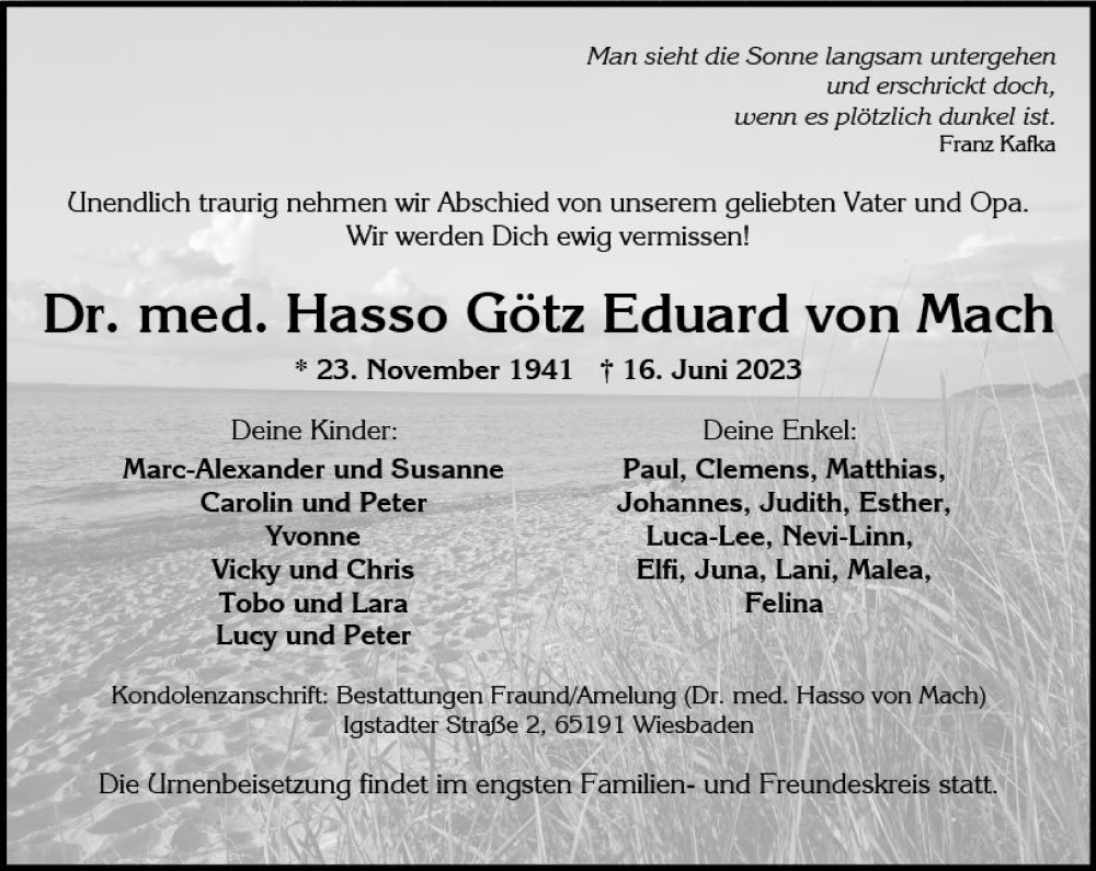  Traueranzeige für Hasso Götz Eduard von Mach vom 24.06.2023 aus Wiesbadener Kurier