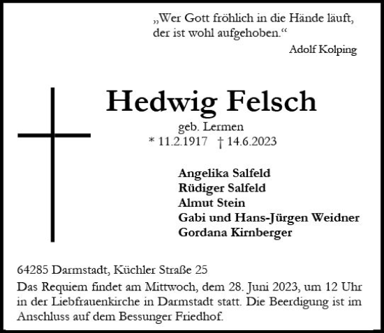 Traueranzeige von Hedwig Felsch von Darmstädter Echo