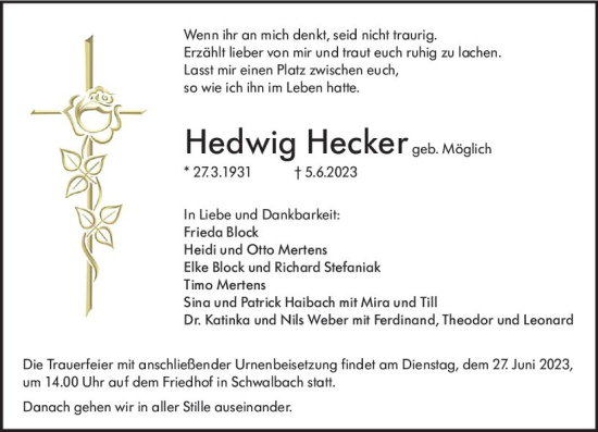 Traueranzeige von Hedwig Hecker von Wetzlarer Neue Zeitung