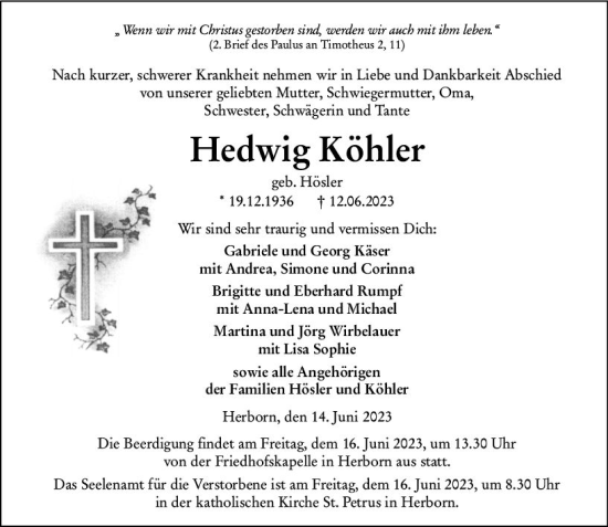 Traueranzeige von Hedwig Köhler von Dill Block