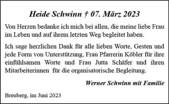 Traueranzeige von Heide Schwinn von Odenwälder Echo