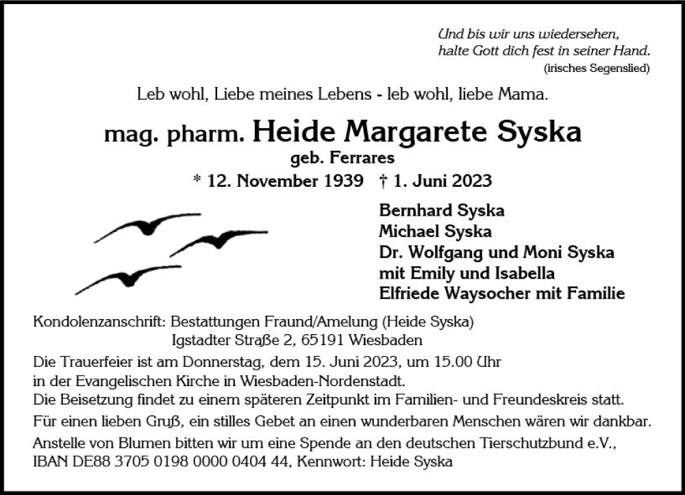  Traueranzeige für Heide Margarete Syska vom 10.06.2023 aus Wiesbadener Kurier