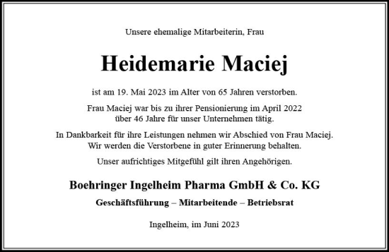 Traueranzeige von Heidemarie  Maciej von Allgemeine Zeitung Bingen/Ingelheim