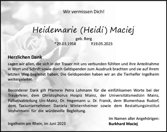 Traueranzeige von Heidemarie  Maciej von Allgemeine Zeitung Bingen/Ingelheim