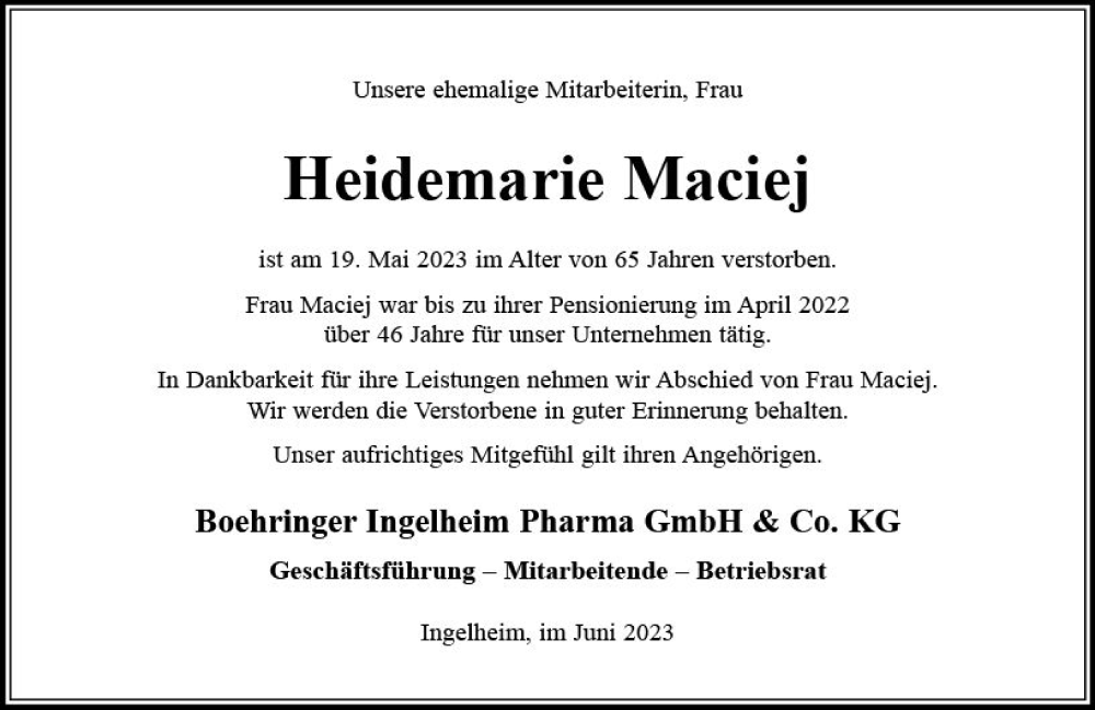  Traueranzeige für Heidemarie  Maciej vom 13.06.2023 aus Allgemeine Zeitung Bingen/Ingelheim
