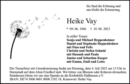 Traueranzeige von Heike Vay von Darmstädter Echo