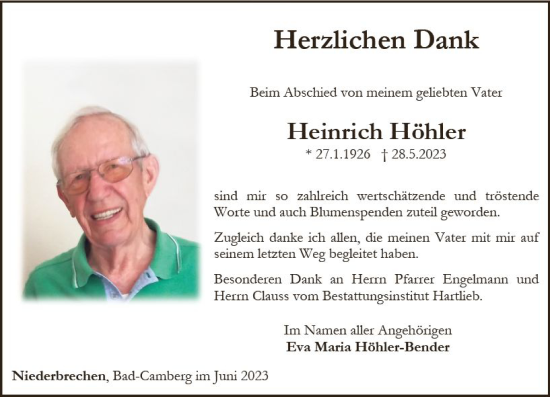 Traueranzeige von Heinrich Höhler von Camberger Anzeiger