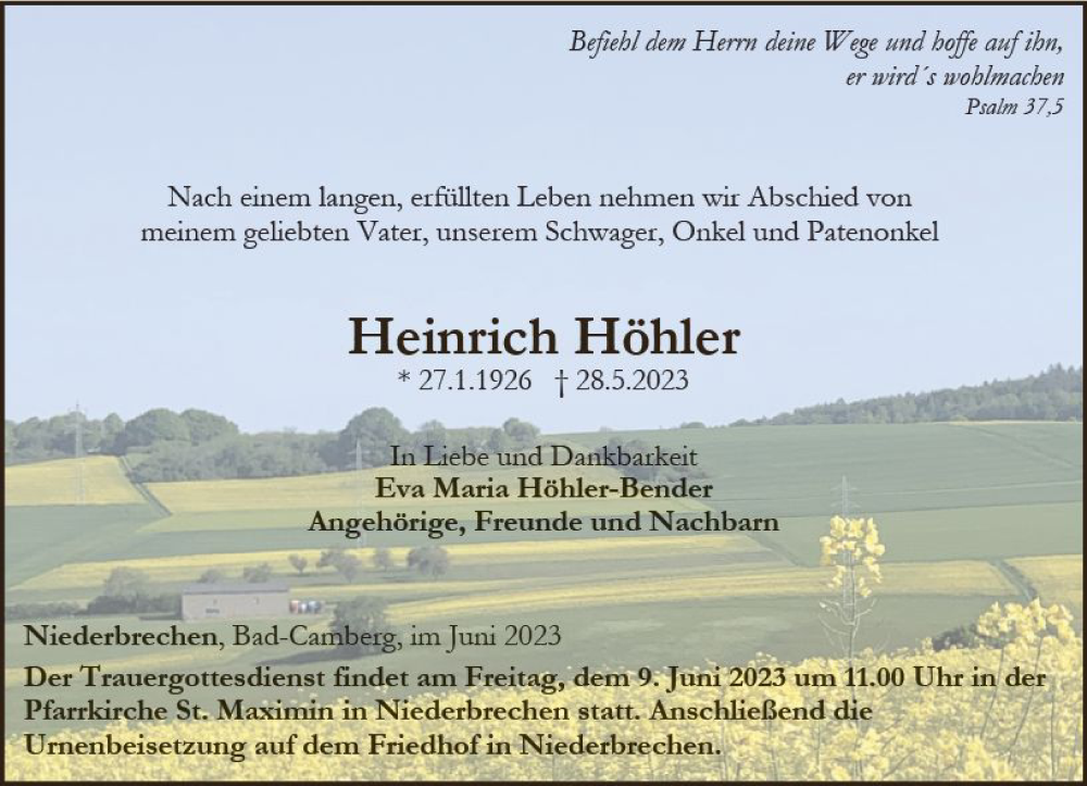  Traueranzeige für Heinrich Höhler vom 09.06.2023 aus Camberger Anzeiger